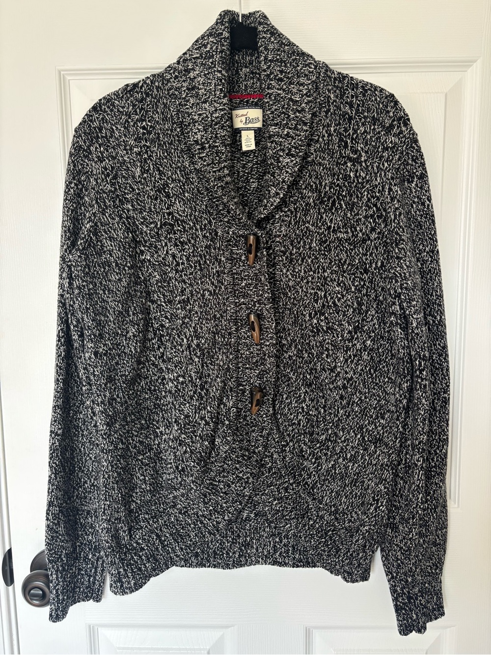 Bass Black & White Marled Shawl Collar Toggle Cardigan Fisherman Preppy Heritage